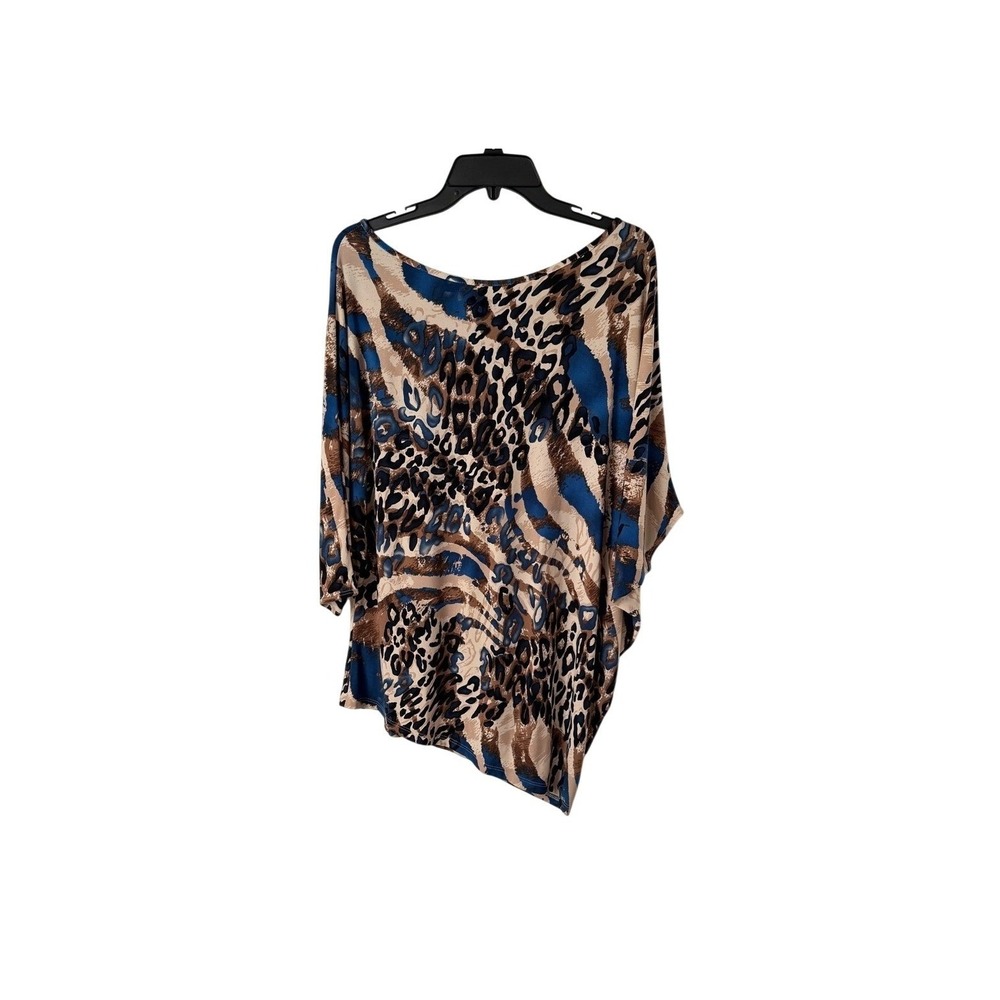 Clara Sun Woo Asymmetrical Animal Print Tunic Top Boat Neck Drapey Relaxed Artsy